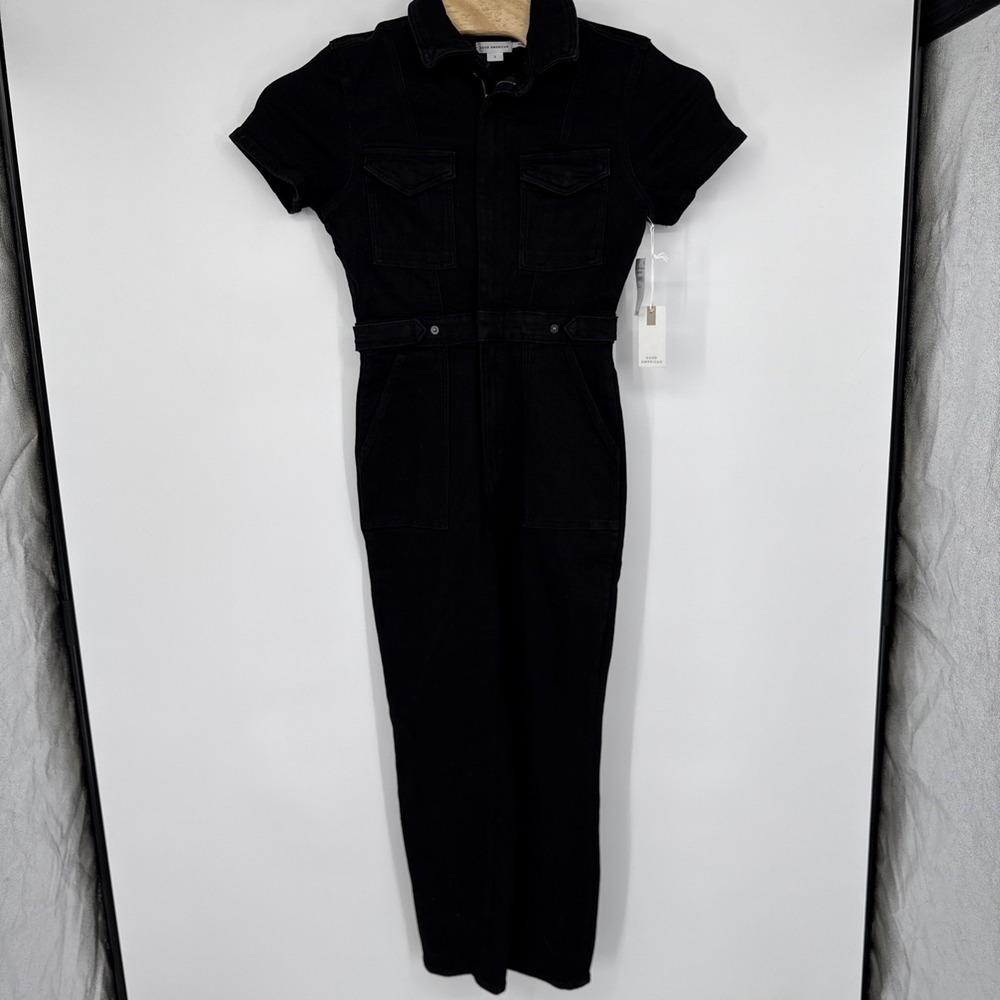 GOOD AMERICAN NWT $199 Black Denim Jean Tie Adjustable Waist Belted Jumpsuit L